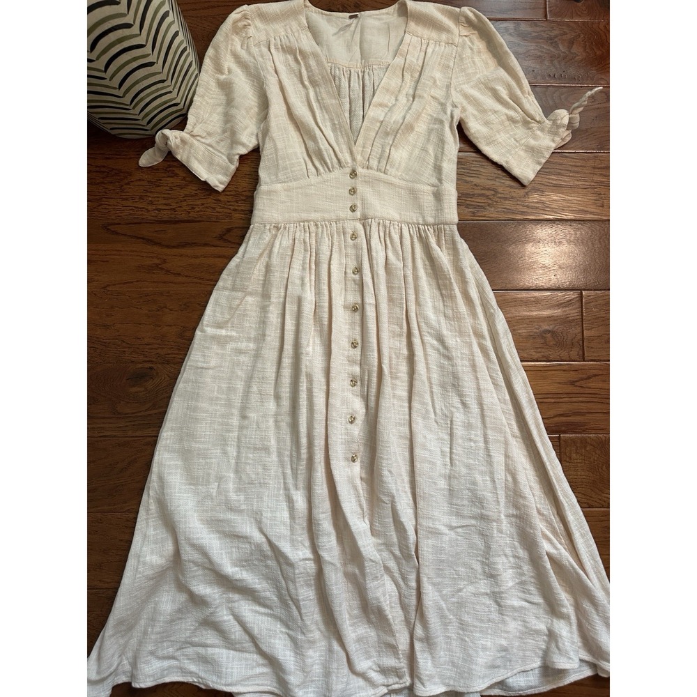 Free People Love Of My Life Midi Dress S Beige Cotton V-Neck Button Front Boho